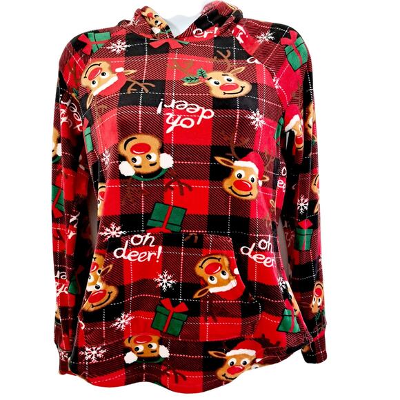 No Boundaries Plaid Hooded Fleece Holiday Top - Picture 1 of 7